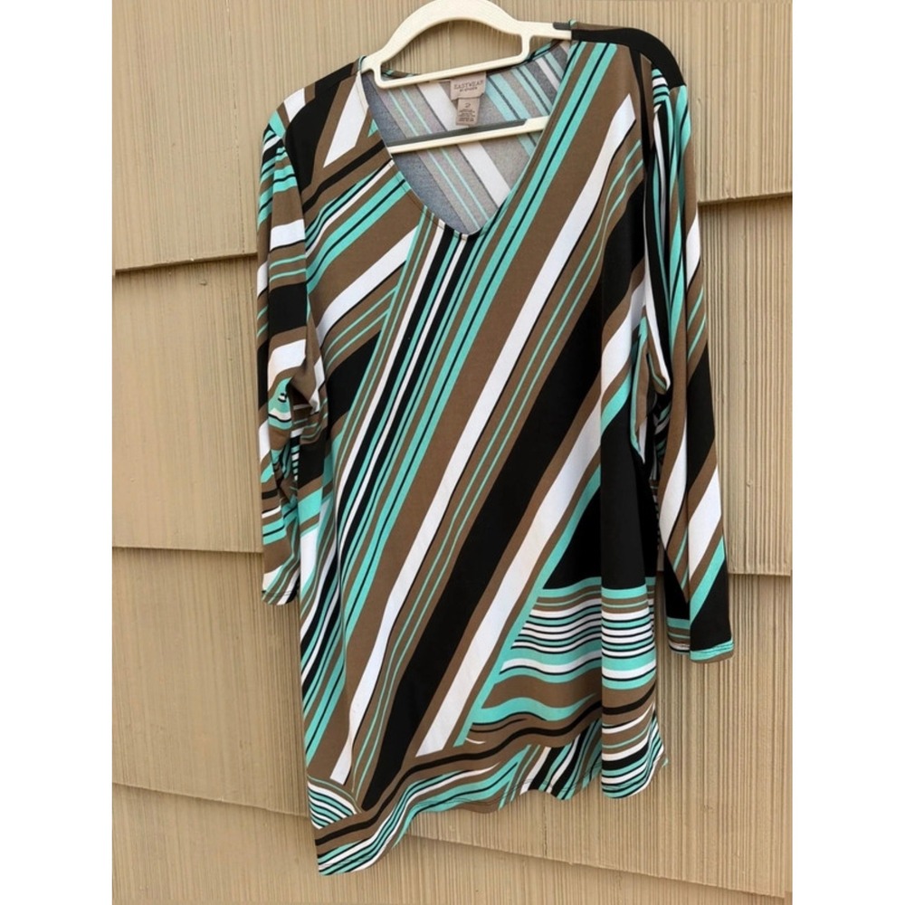 Chicos Easywear Striped V-Neck Tunic Top Teal Brown Asymmetrical Hem Size 2 L